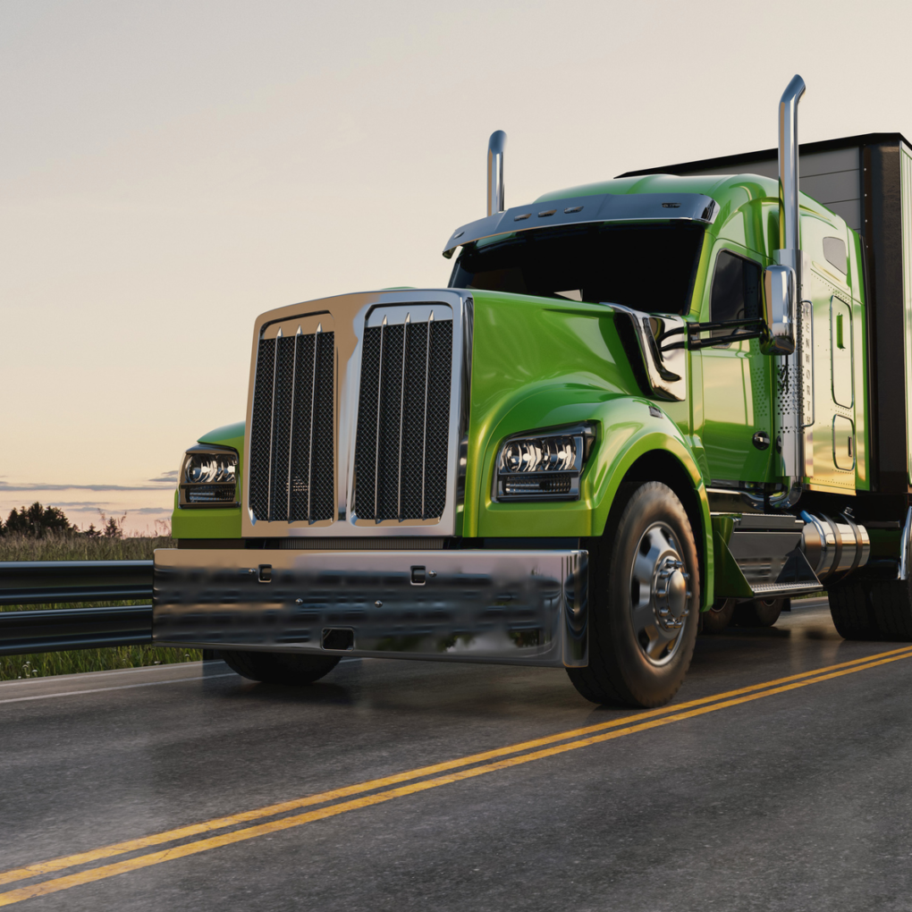 Green Semi Truck on Highway at Sunset
